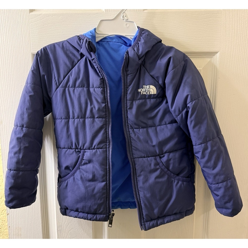 North Face BOY'S PERRITO REVERSIBLE INSULATED HOODED JACKET SIZE 5 CAVE BLUE